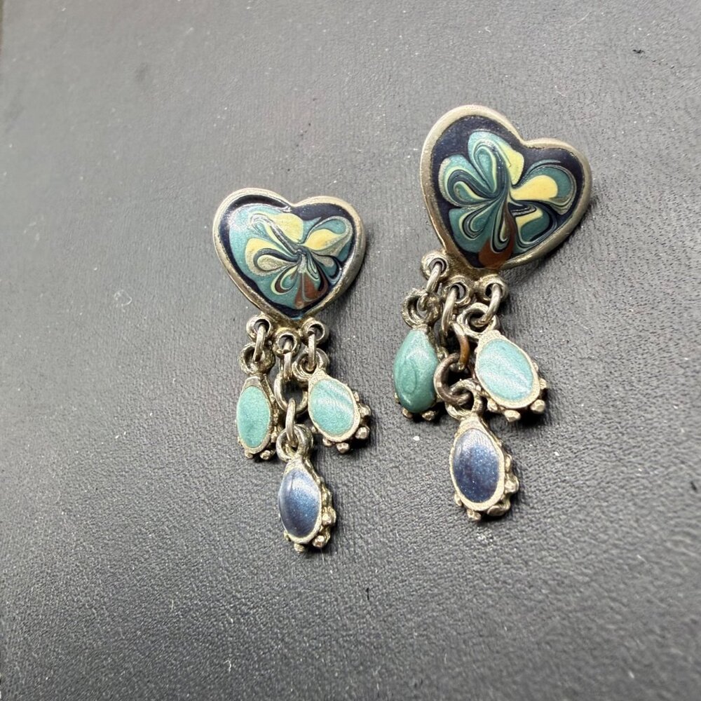 Heart-Shaped Dangle Earrings With Multicolor Enamel Design & Teardrop Charms - Picture 3 of 5